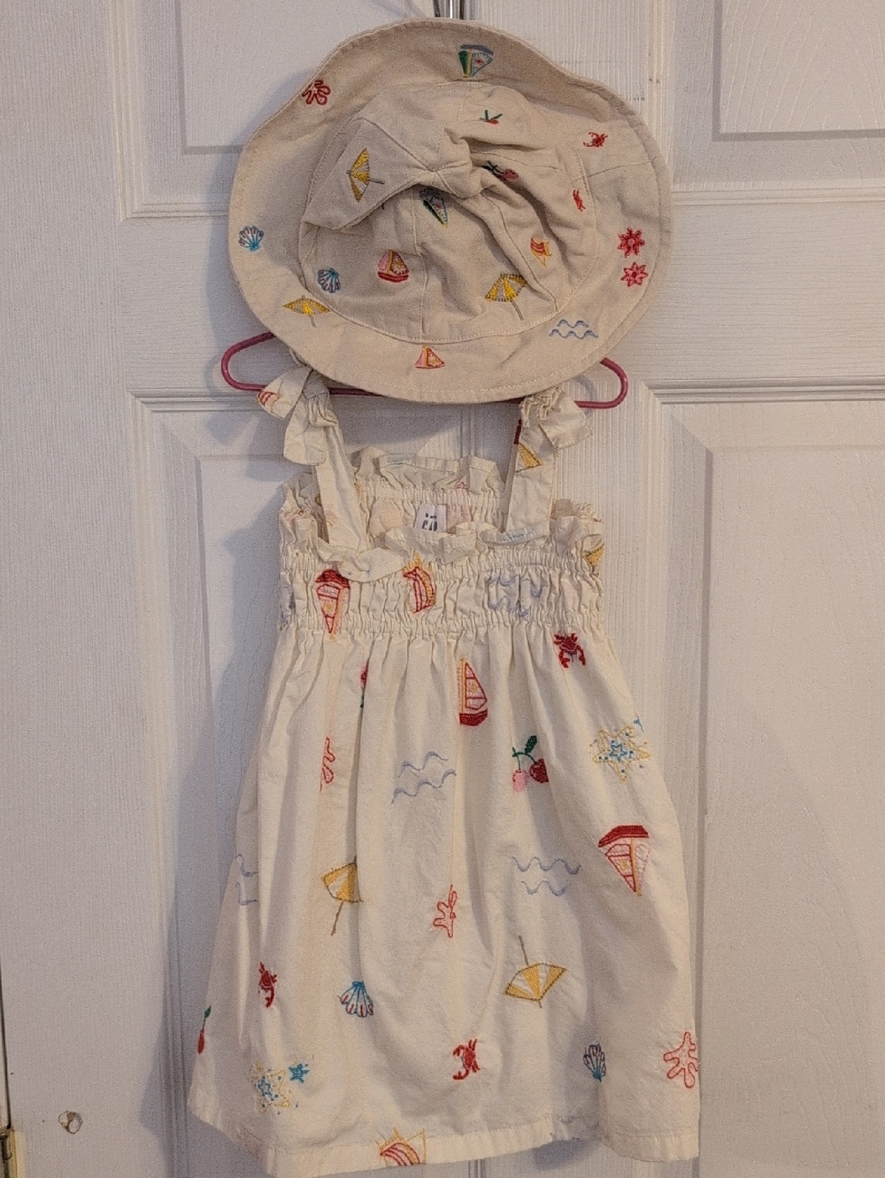 GAP Baby Cream Dress with Summer Motif And Matching Hat